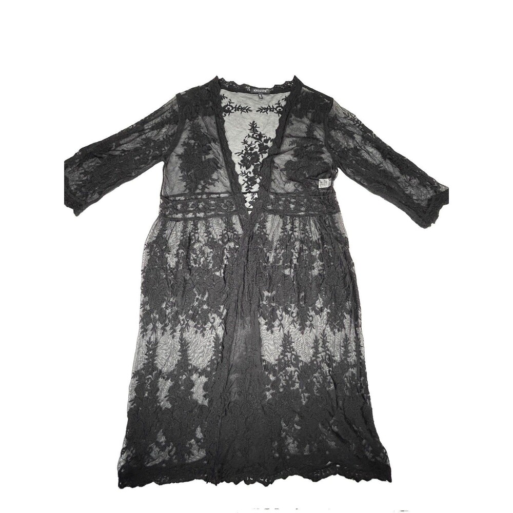 Hers & Mine sheer black floral lace duster cover up kimono whimsygoth Sz M-L
